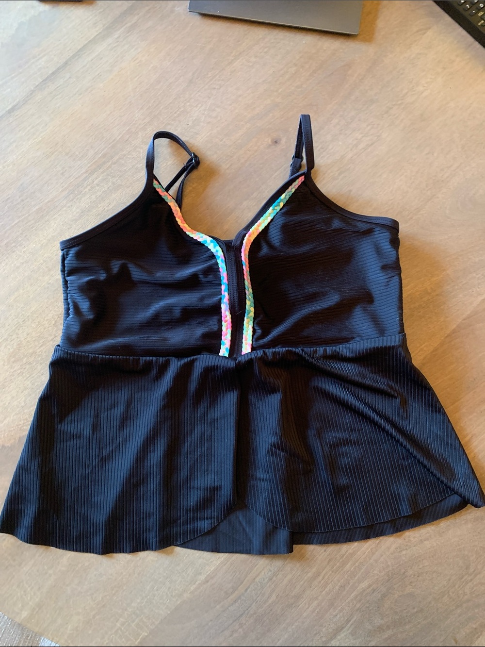Justice Black Peplum Swim Tank Top with Multicolor Trim